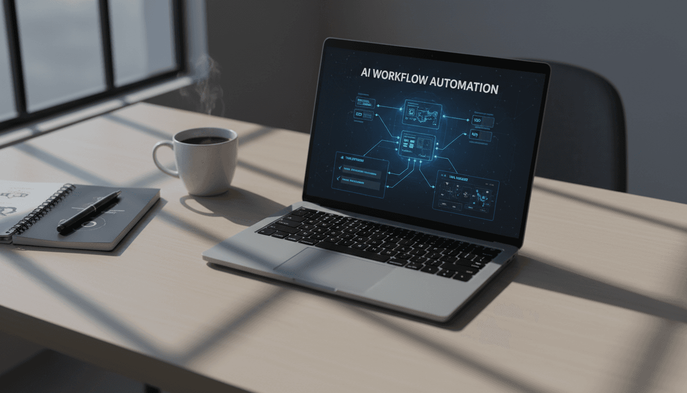 AI automation software interface displayed on a modern workspace laptop
