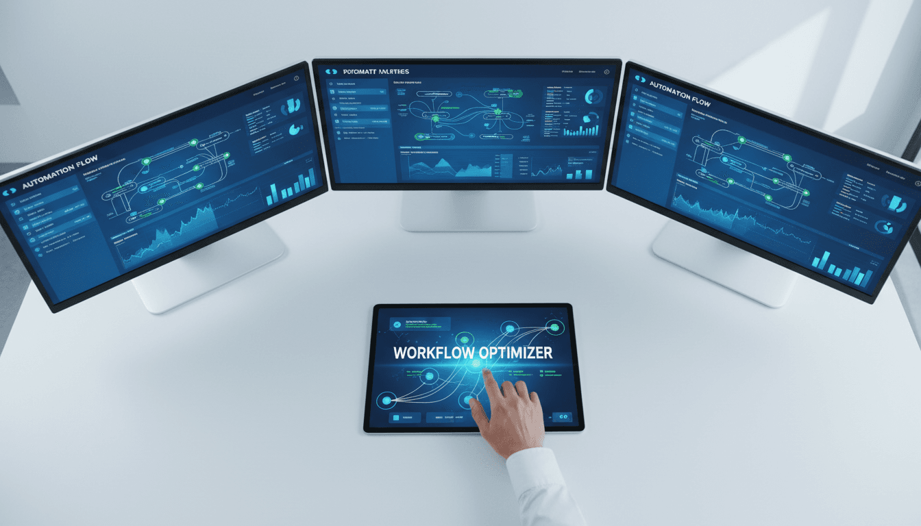 Workflow automation dashboard displayed on computer monitors with real-time analytics